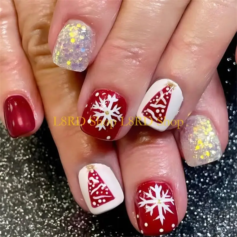 L8RD 24 Pieces Short Square Glittering French Tip Press On with Snowflake Designs for Christmas and New Year