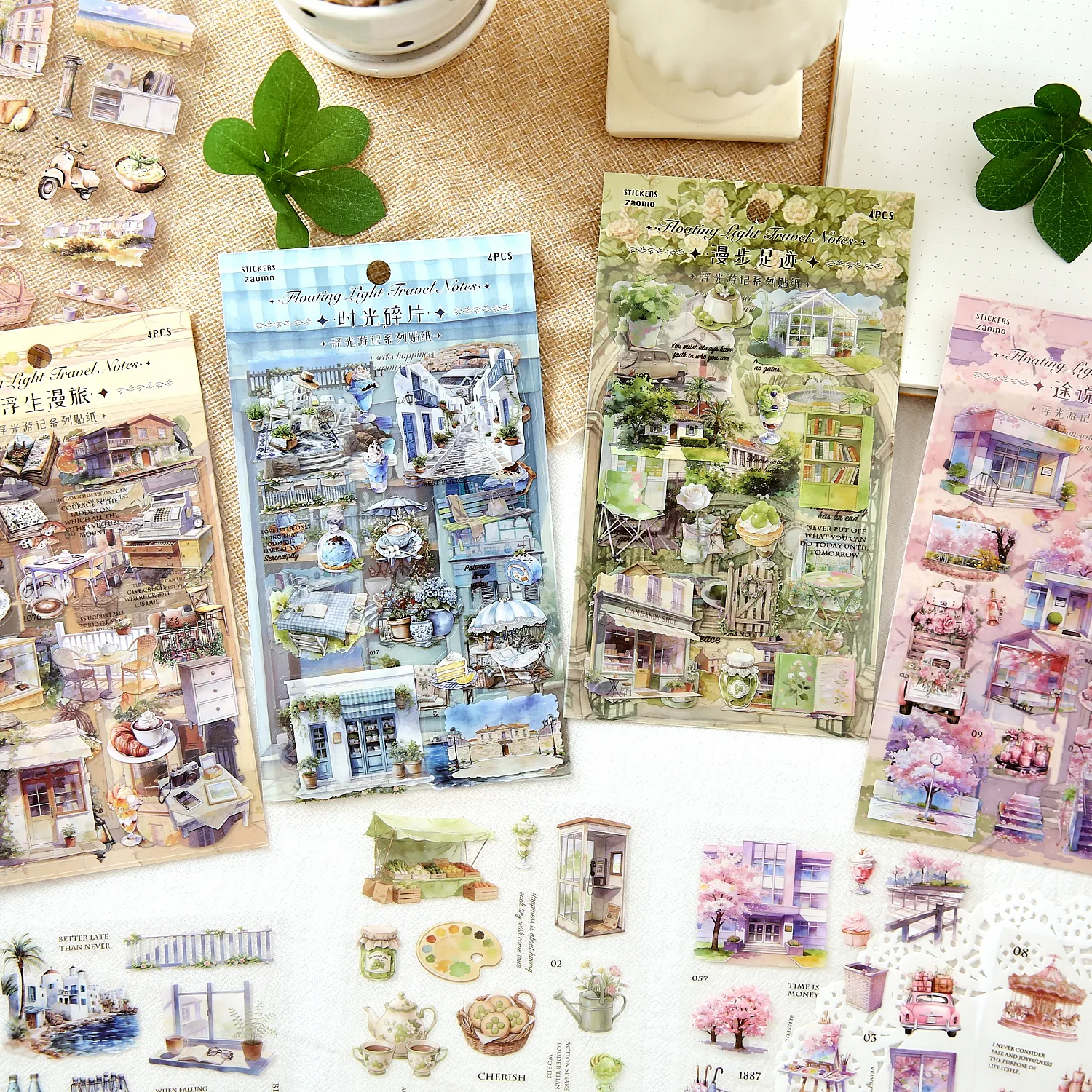 4sheets Floating Light Travel Series Kawaii Ins Strolling Scenery PET Die cut Stickers DIY Diary Scrapbook Stationery Stickers
