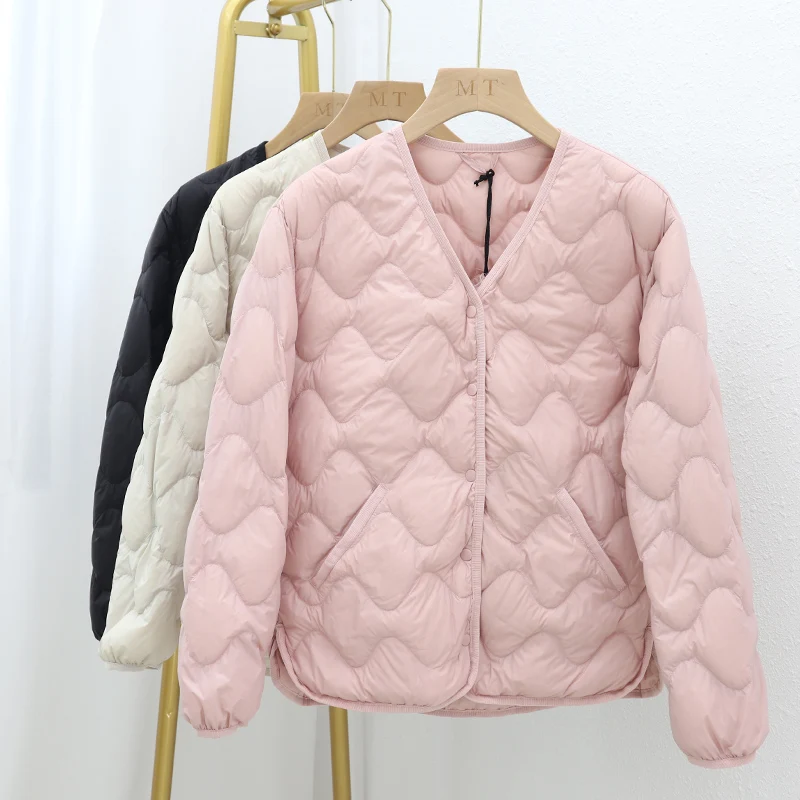 Autumn Winter Women Light Thin White Duck Down Coat V Neck Warm Down Jacket Female Single Breasted Bigsize Puffer Parkas Outwear