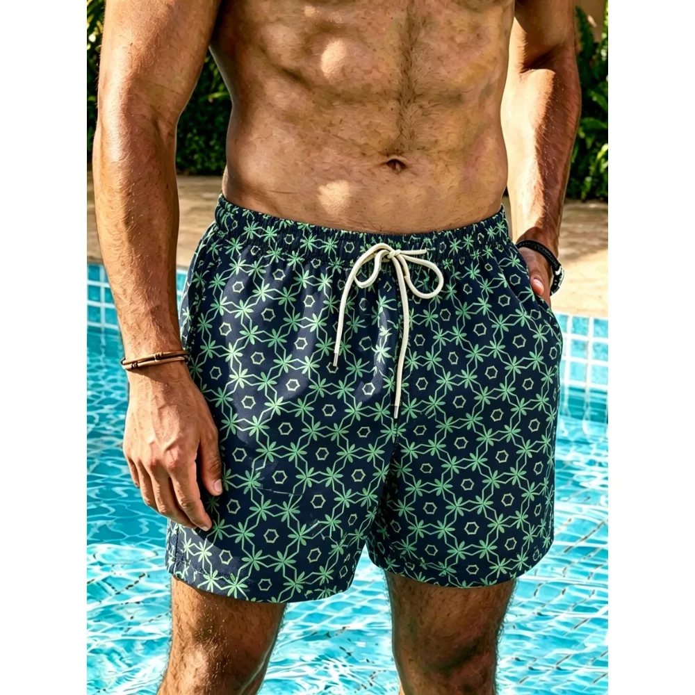 Hawaii Men Swim Shorts Geometric Floral Print Elastic Drawstring Quick Dry Light Fabric Side Pockets Loose Beach Vacation Trunks