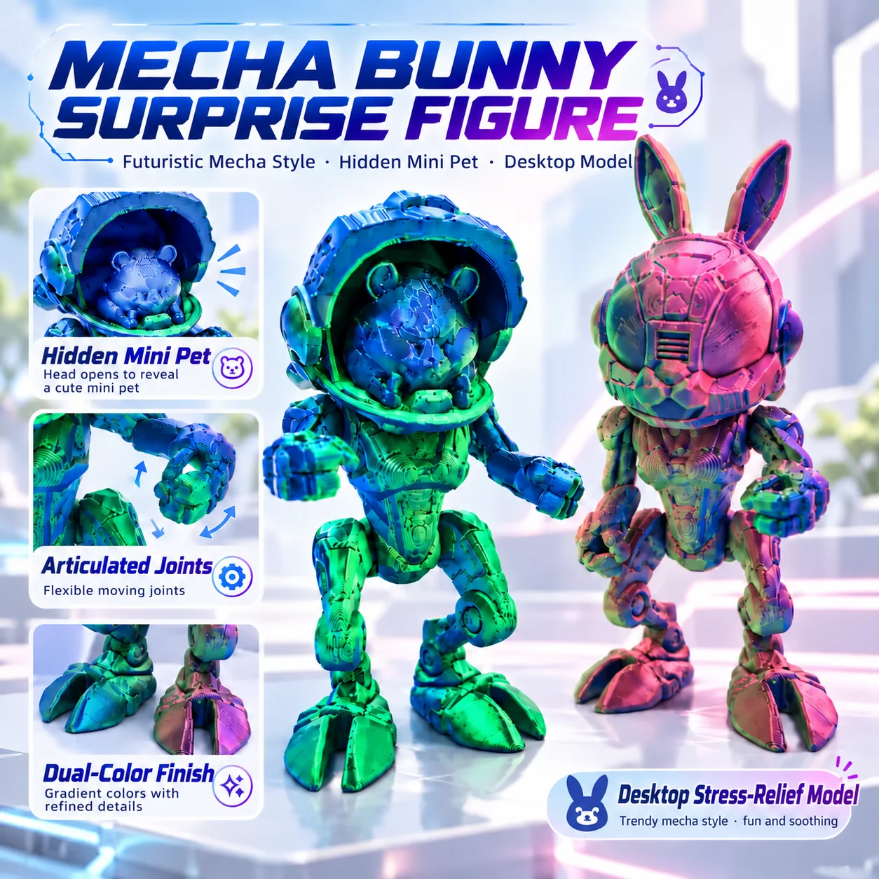 Mecha Bunny with Hidden Mini Pet, 3D Printed Articulated Robot Rabbit Figure, Easter Gift for Children & Collectors