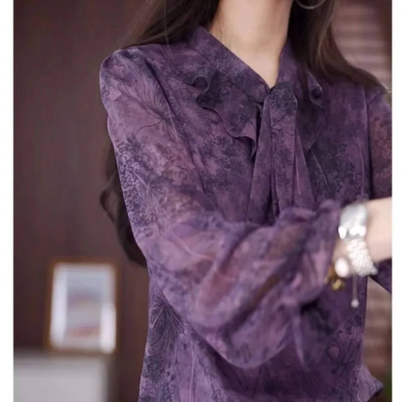 Internet Celebrity Early Autumn Violet Lace-up Pullover Slim-fit Shirt Bottoming Shirt Long-sleeved Shirt Printing Fashion