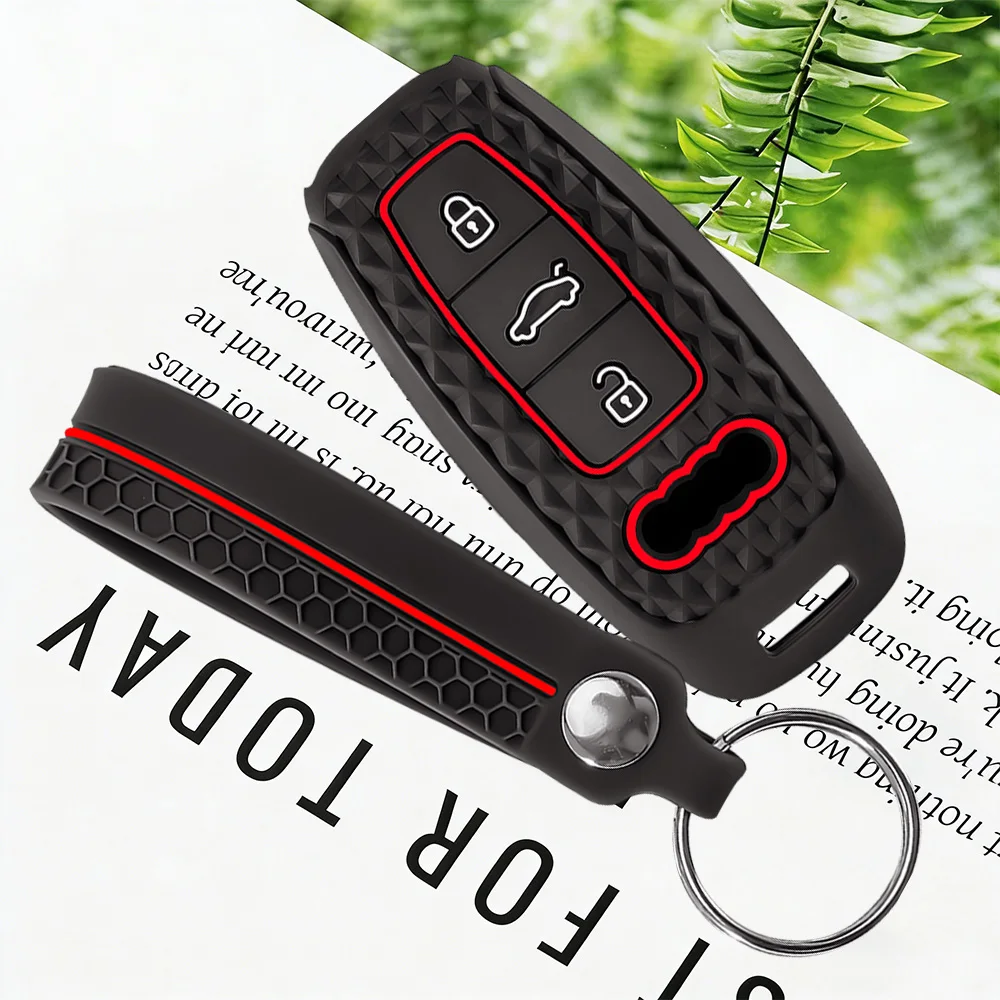 

Premium Silicone Car Key Case Cover With Keychain-For Audi A6L 2020 A7 E-tron A8 Q8 C8 D5 2019 2018 Key Case Car Accessories