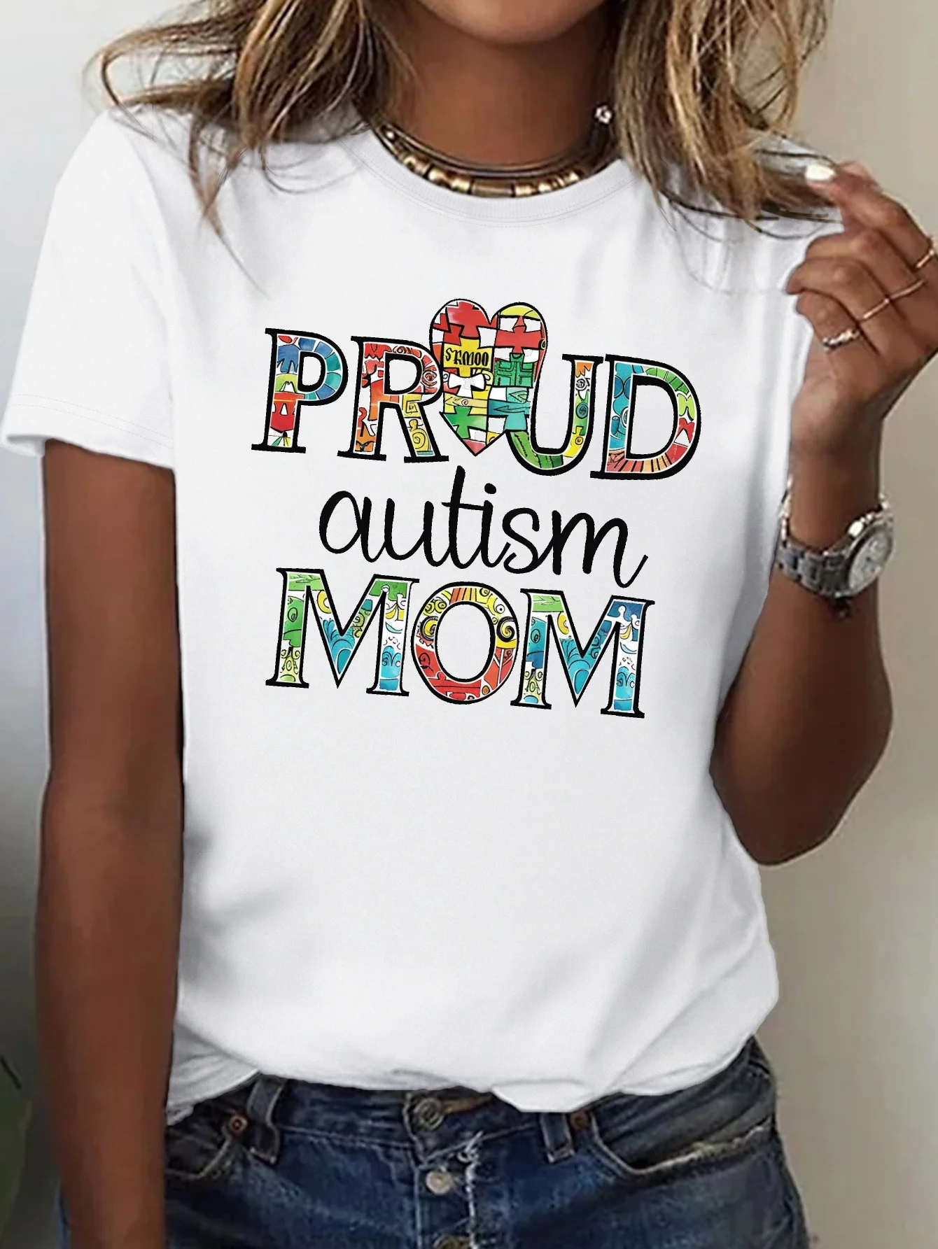 

Proud Autism Mom Print Crew Neck T-shirt, Casual Short Sleeve Top For Spring & Summer, Women's Clothing graphic t shirts