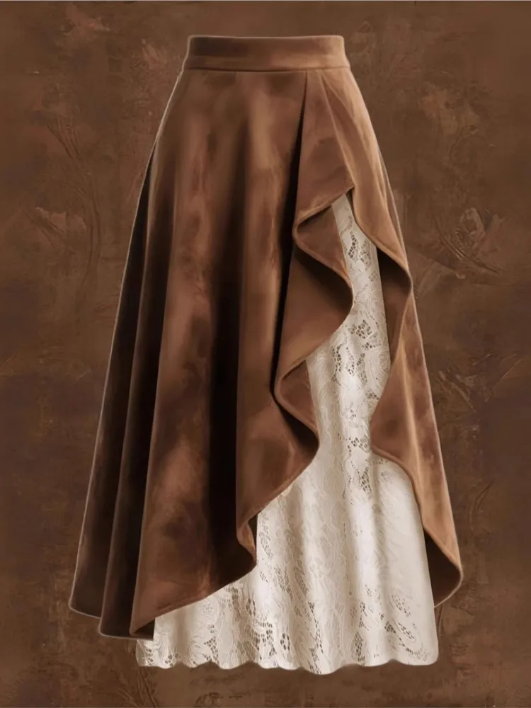Camel Brown Suede & Lace Maxi Skirt Western Vintage Women 2026 Spring New Asymmetrical Ruffled High Waist A-Line Elegant Skirt