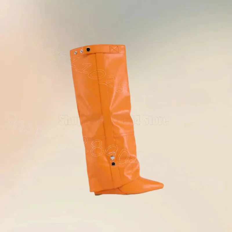 

Metal Decor Orange Turned Over Wedges Heel Boots Slip On Women Shoes Pointed Toe Fashion Party Banquet 2025 Zapatos Para Mujere