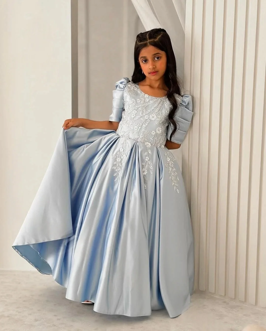 

JDY платье с цветочным узором для девочек, свадебное атласное платье с короткими рукавами и пышной аппликацией, детское бальное платье на день рождения, первое причастие, свадебное платье