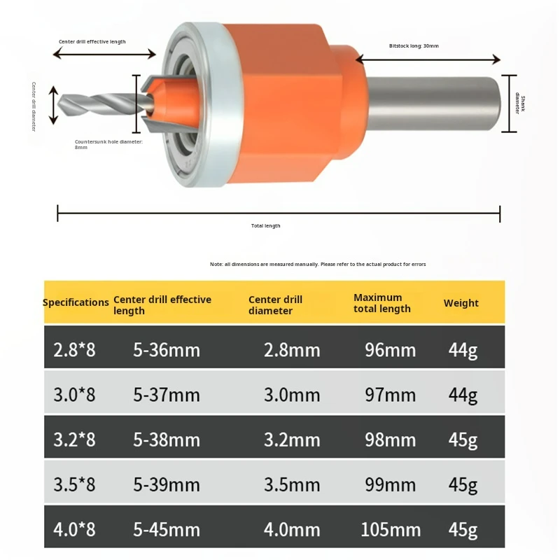 5 Pcs Set Countersink Drill Bit ABS Steel Woodworking Tool Set with Adjustable Depth Stop for Precise Hole Depth