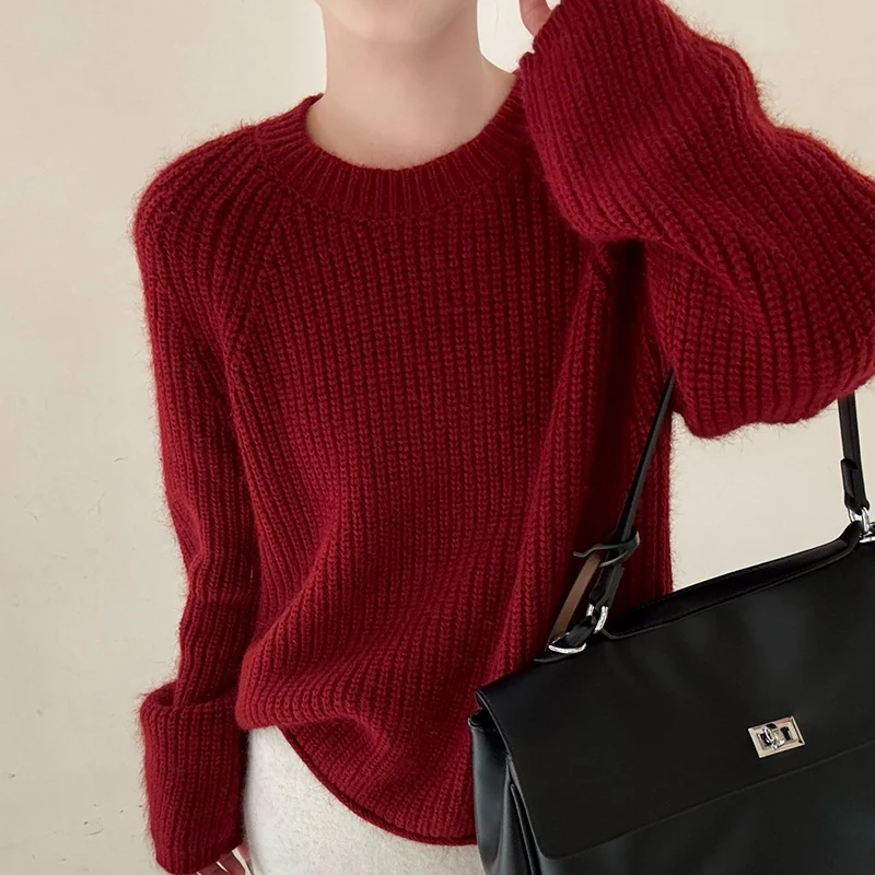 

Женский свитер из 100% чистой шерсти, весна/осень 2024, новый свитер с круглым вырезом, однотонный кашемировый вязаный пуловер, короткий свободный женский