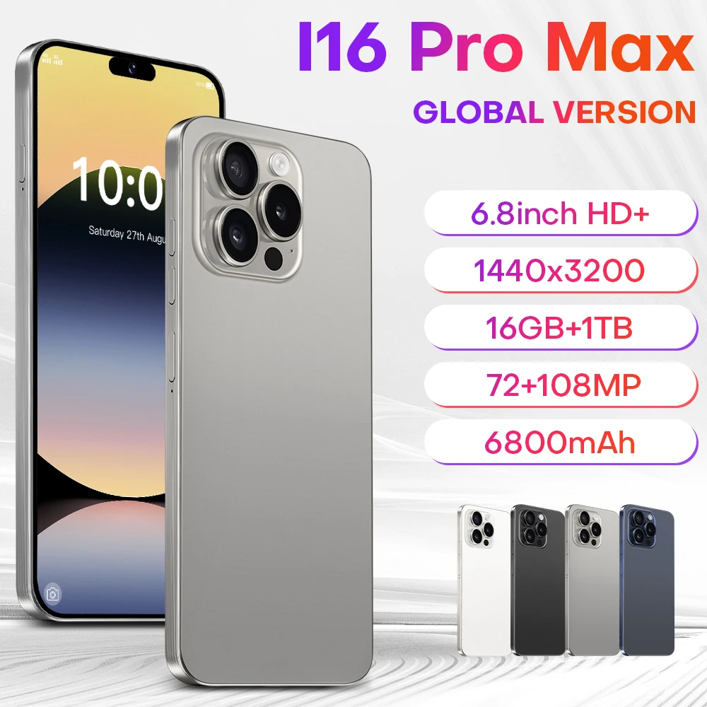 2026 جديد i16 Pro Max 6.8 بوصة HD 4K أندرويد 14 16GB + 1 تيرا بايت 6800 مللي أمبير بطارية 4G 5G بطاقة Sim المزدوجة واي فاي GPS الساخن #1