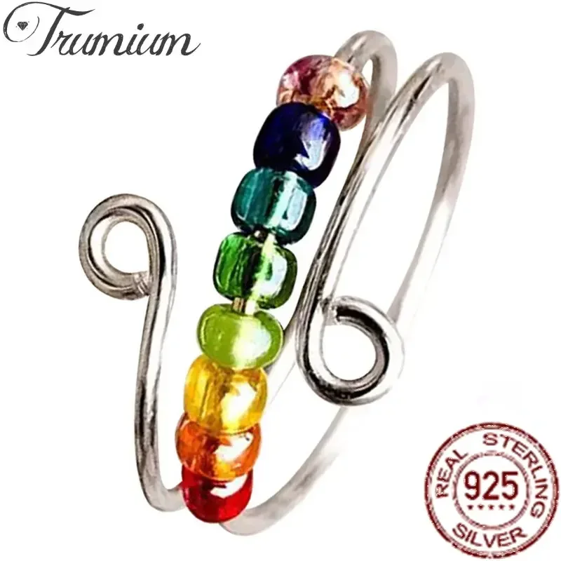 Trumium 925 Sterling Silver Boho Rainbow rings for women Spinnning Anxiety Beaded Wind Wire Rotatable Fidget Ring Adjustable