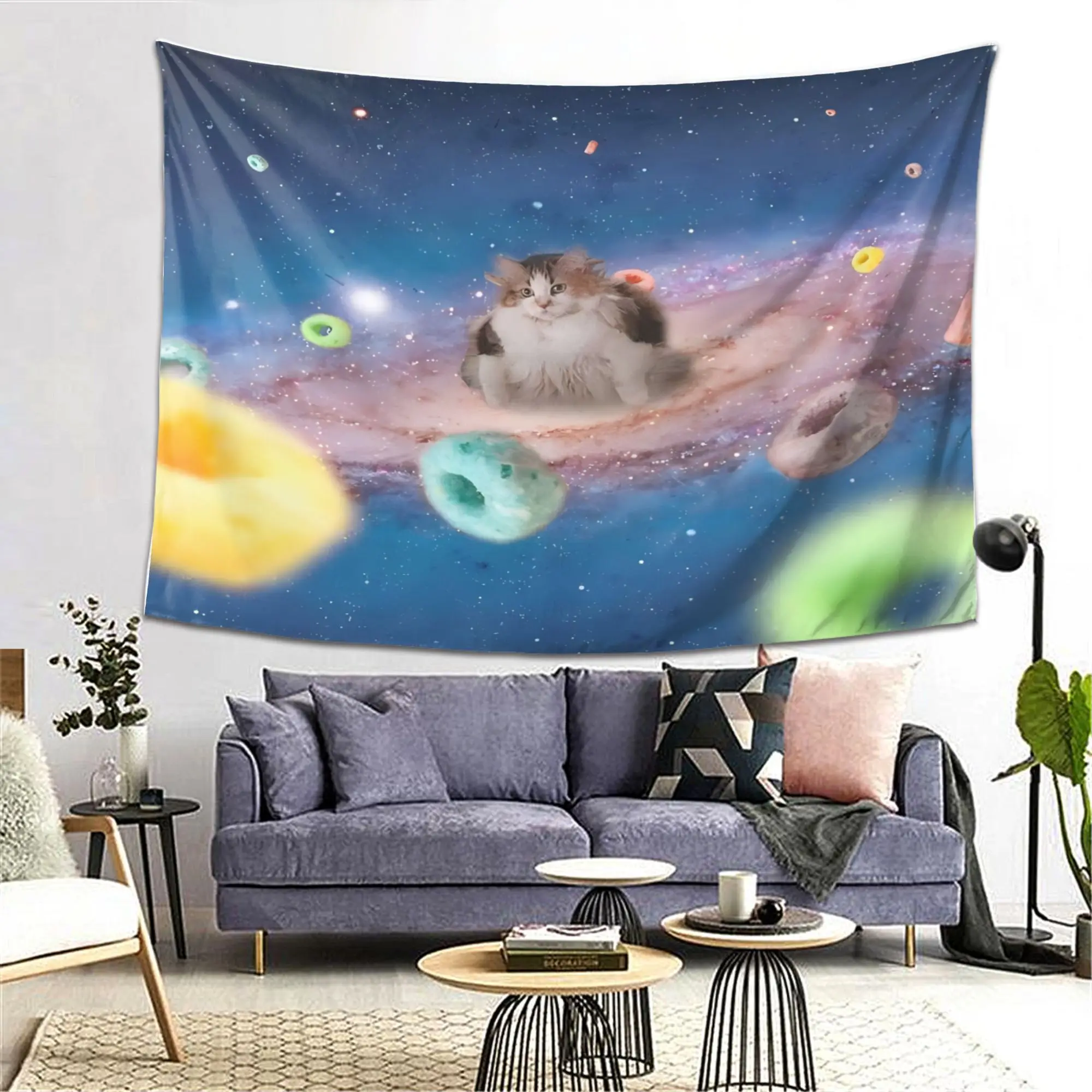 Galaxy Cat Adventure Wandteppich – skurriles Space Cat Design, Wandbehang für Schlafzimmer/Wohnheim/Party und Geschenke