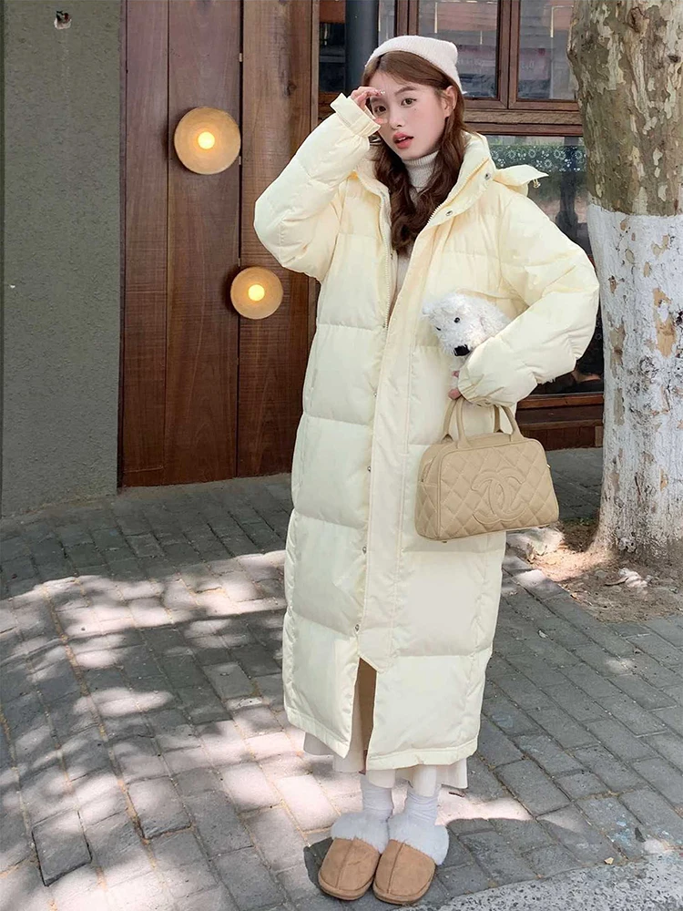 Winter Long Hooded Solid Down Jacket Women White Duck Down Waterproof Outwears Female Warm Thick Parker Knee Length Down Jacket
