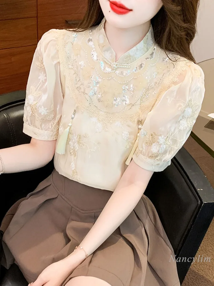 New Chinese Style Short Sleeve Apricot Chiffon Shirt Women\'s Summer 2024 New Elegant Top Embroidery Beaded Puff Sleeve Blouses