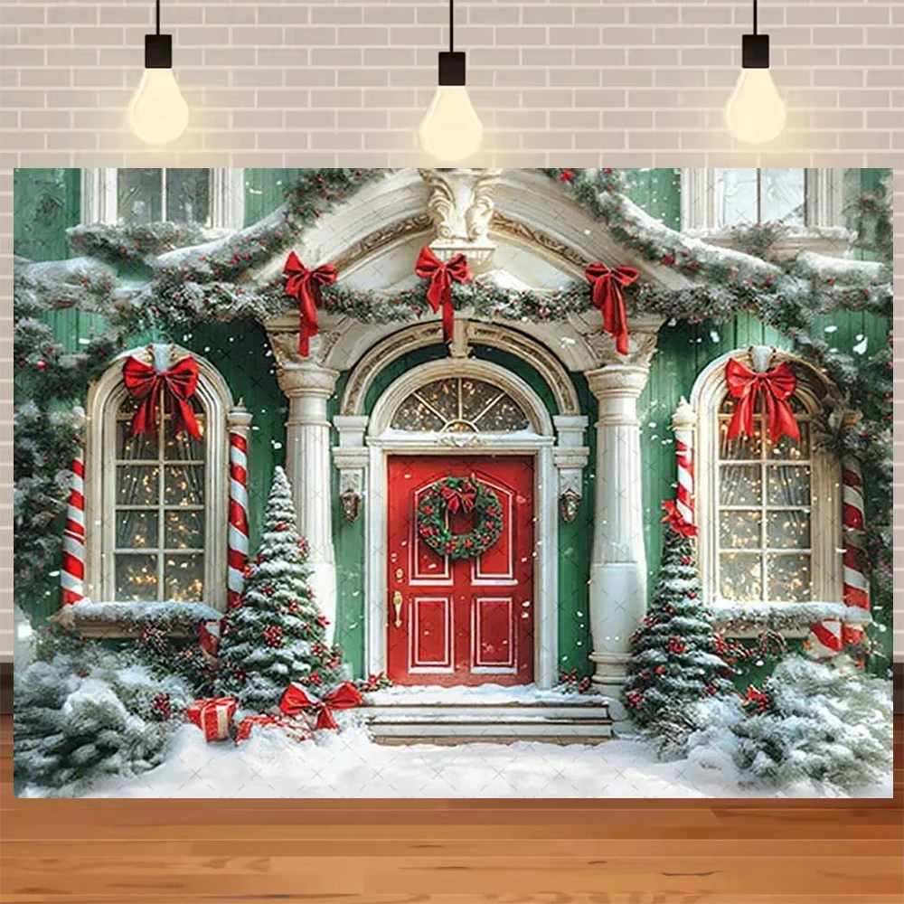 

Winter Christmas Party Decor Backdrop Front Door Snowy Forest Xmas Kids Family Portrait Photography Background Photo Studio