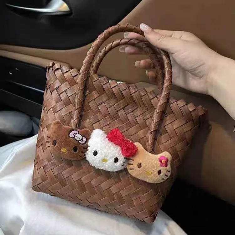 Hello Kitty Summer Black Skin Woven Tote Bag Girl Fashion KT Imitation Rattan Woven Shoulder Bag Handcrafted Cute Basket Handbag