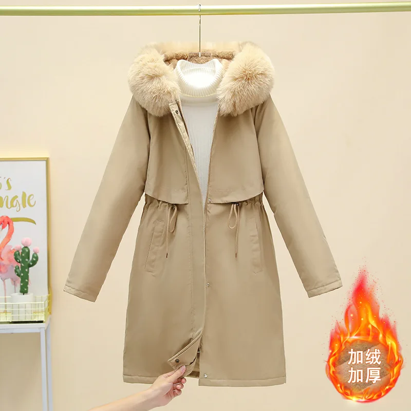 

Fleece Thicker Pie Overcome Women Winter Jacket 2025 New Mid Long Korean Loose Big Fur Collar Hooded Coat Female Cotton Clothes