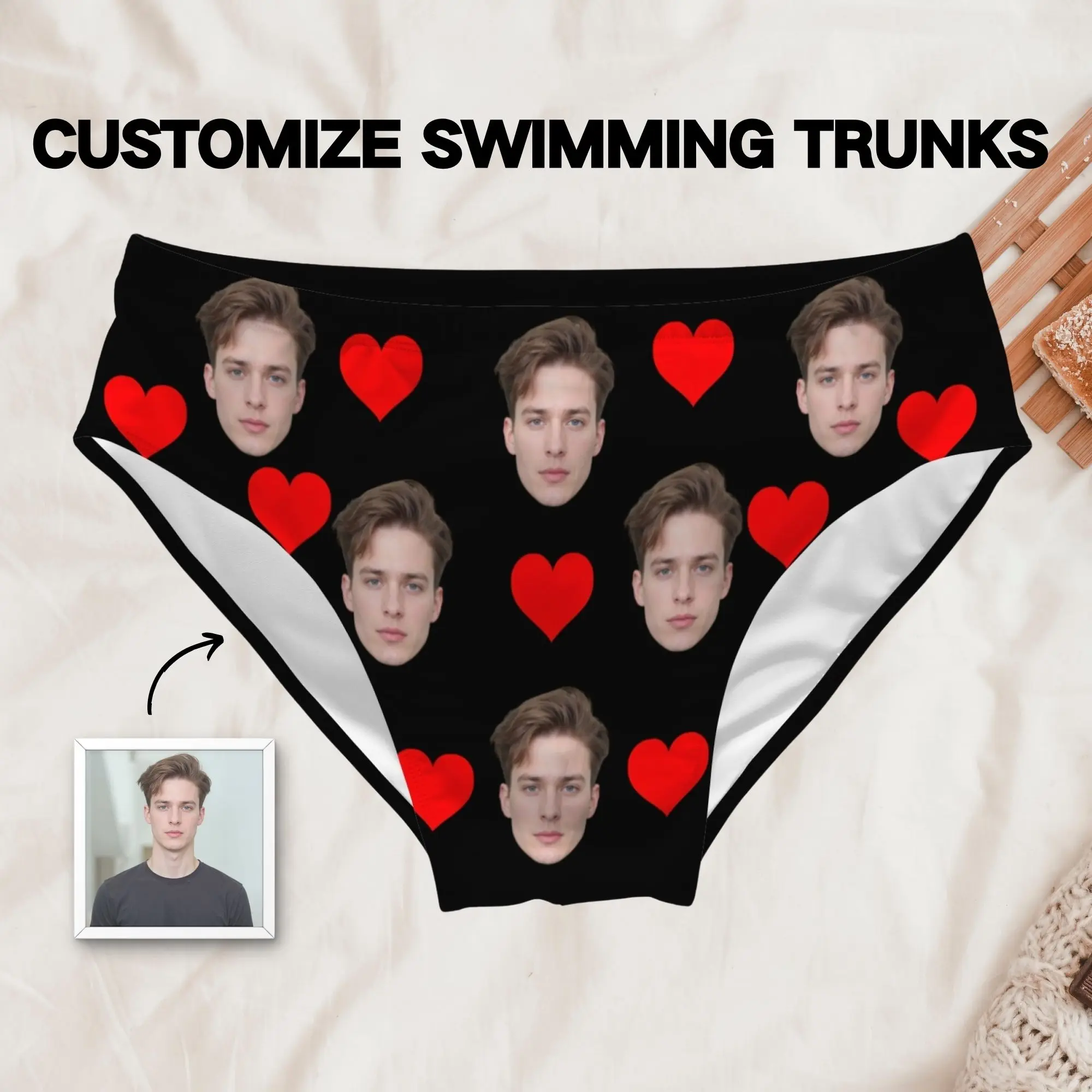 Romantische, individuelle Badehose für Herren mit rotem Herz, Badebekleidung, personalisierter Fotodruck, Meeres-Surfshorts, bequeme Boxershorts
