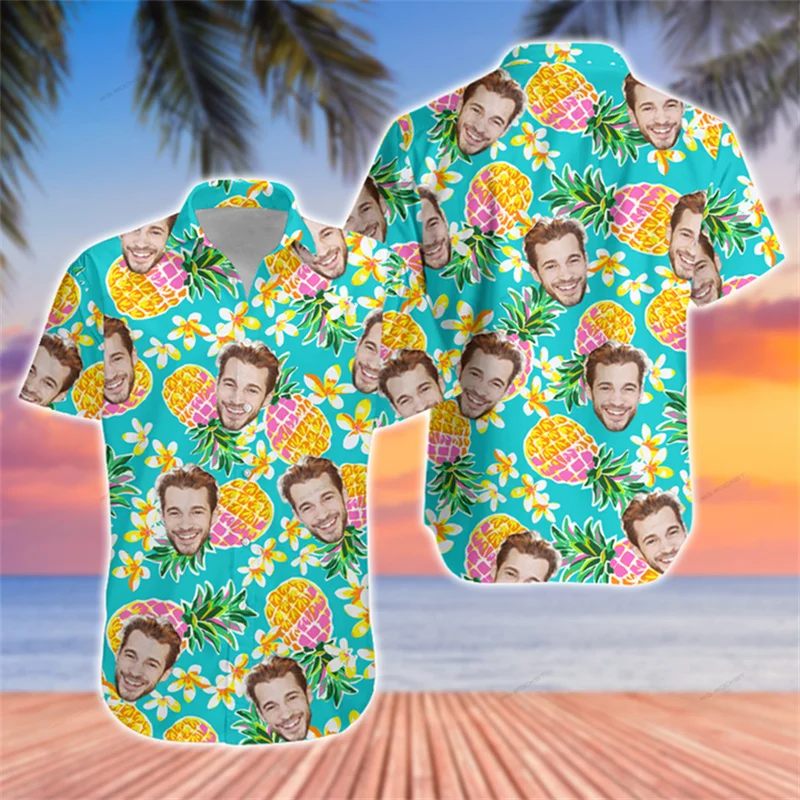 

Tropical Plant Print Hawaiian Shirts For Men Humour Custom Photo Funny DIY Short Sleeve Button Shirts Summer Fashion Asian Size