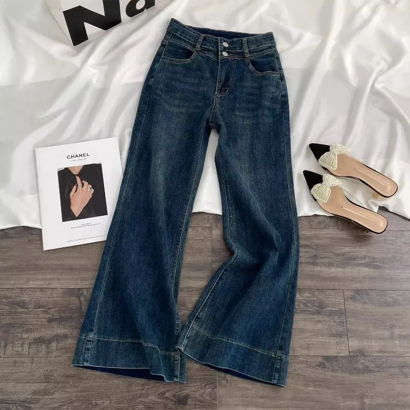 

Retro Blue Flared Jeans Women's Spring New Style High-waisted Slimming Loose and Not Sticking To The Legs Horseshoe Flared Pants