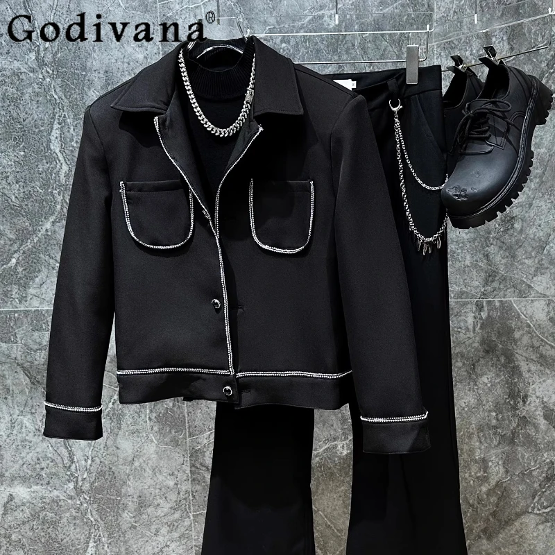 

Autumn Winter Heavy Industry Fashion Diamond Short Korean Loose Jacket Personality Boys Black Turn-down Collar Leisure Tops
