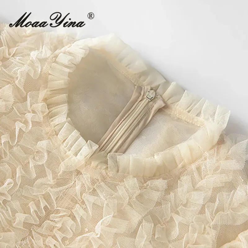 MoaaYina Vestido feminino retrô bordado estampado em camadas de malha plissada gola redonda manga curta S-4XL