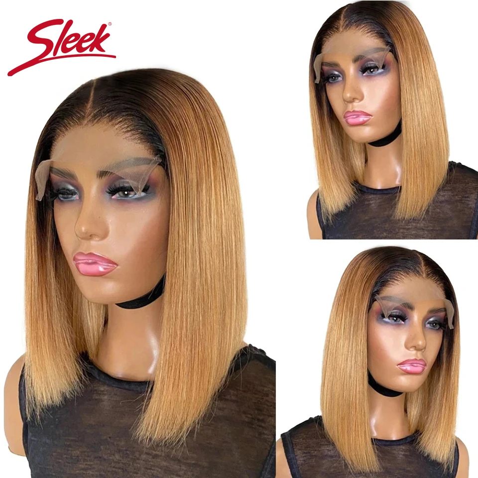 Sleek Brazilian Blond 27 Human Hair Wigs Ombre 13*4 Lace Front Part  Bob Wigs Remy Red 99J Bobs Hair For Black Women