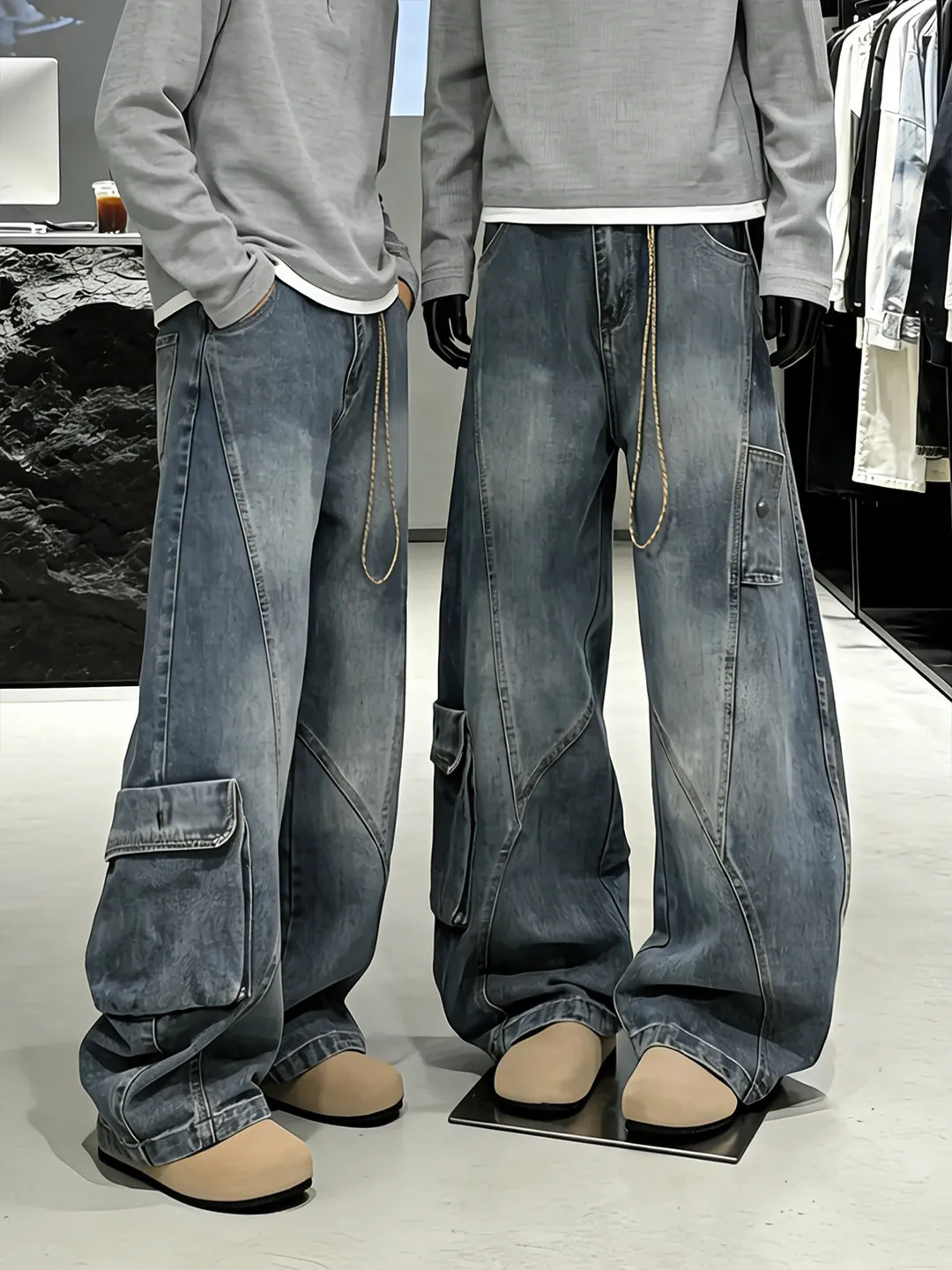

Cleanfit Men's Wide Leg Jeans Loose Straight Micro Flared Workwear Pants American High Street Washed Casual Trousers