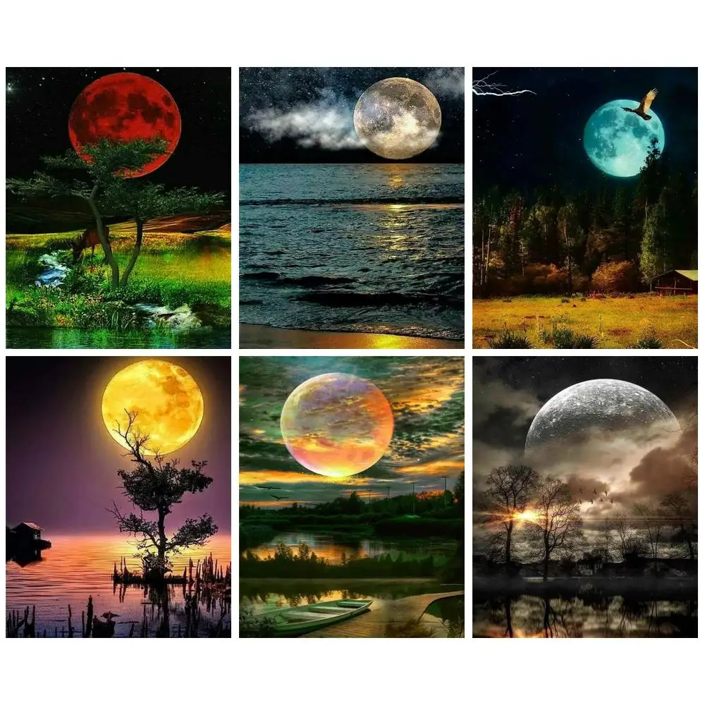 

PhotoCustom Classic Painting By Number Riverside Moon Acrylic Paints Drawing By Numbers Handicraft Handiwork Art