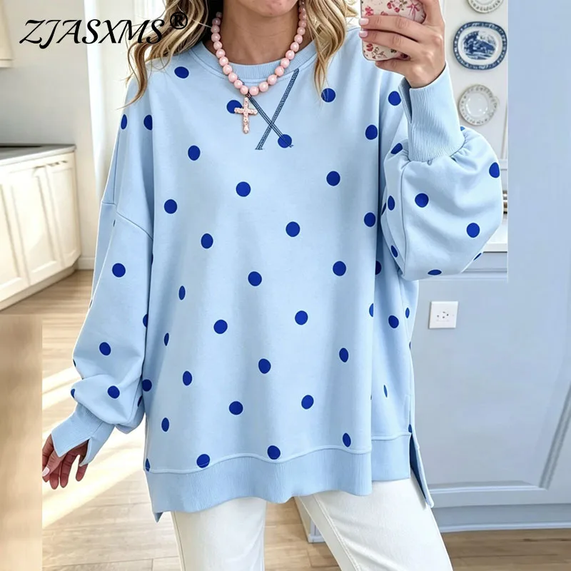 Crew Neck Polka Dot Print Sweatshirts Women Long Sleeve Side Split Hem Loose Blouses Casual Fall Winter Daily Wear Pullover Tops