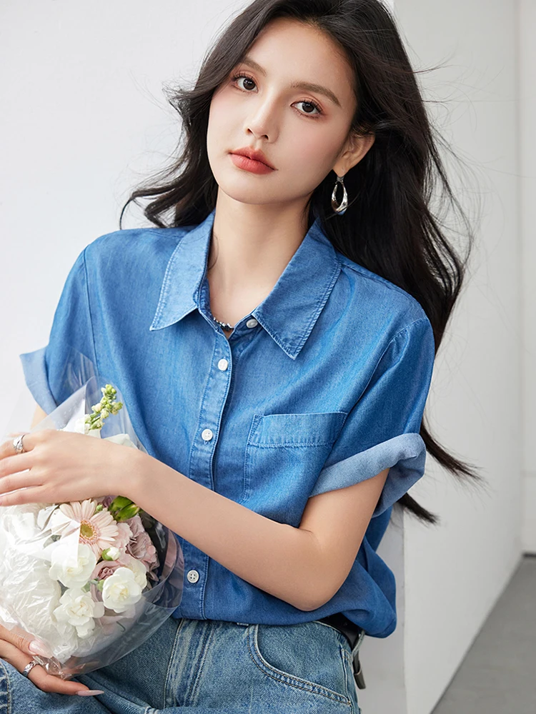 Denim Top Women Short Sleeve Button Down Shirt 2024 Summer Fashion Turn-down Collar Blouse Office Lady Vintage Jean Shirt