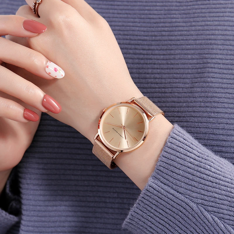 Hannah Martin Japan Quartz Movement High Brand Fashion Quality Women Stainless Steel Mesh Rose Gold Waterproof Ladies Watch