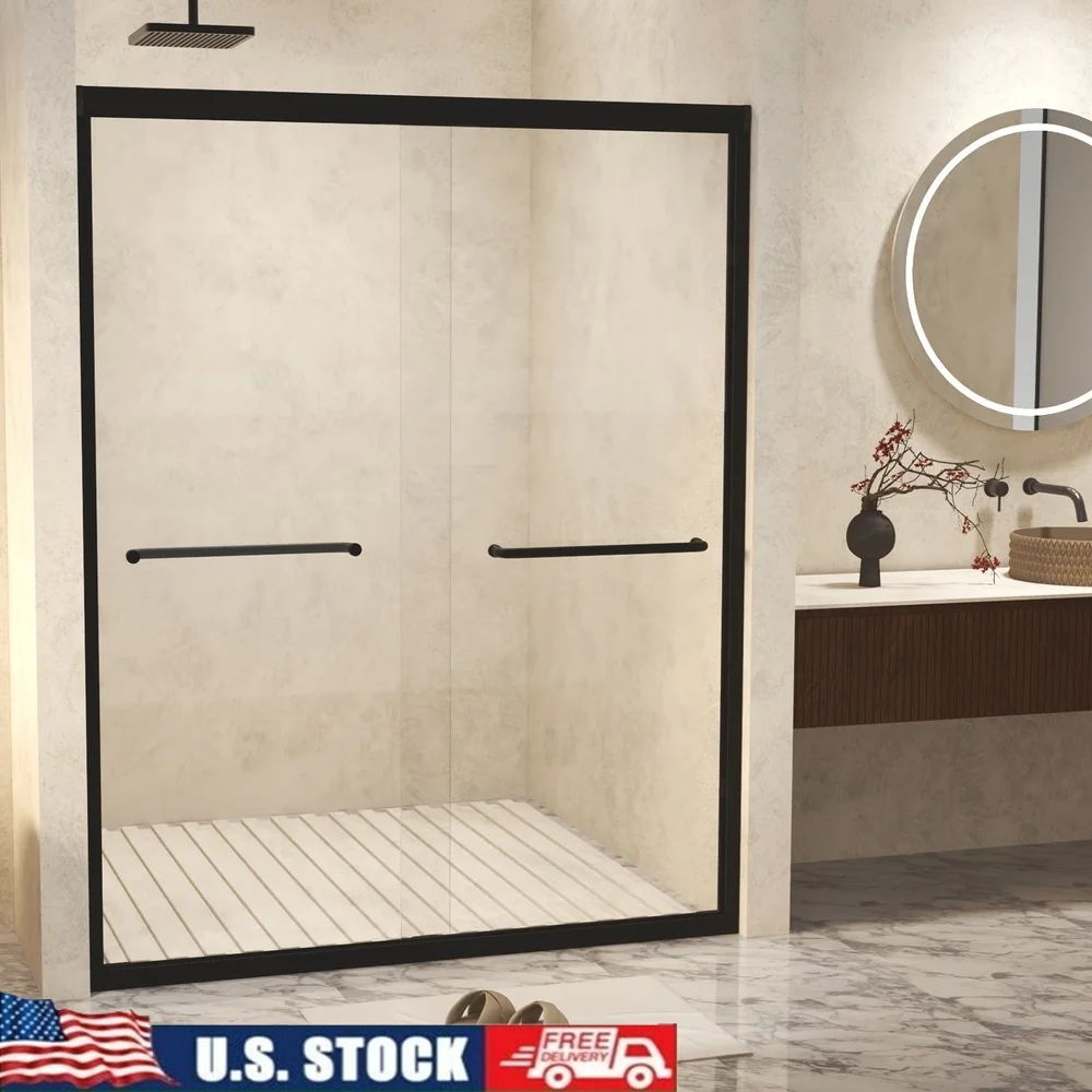 

Двойная раздвижная душевая дверь 56-60 дюймов x 72 дюйма, прозрачное закаленное стекло, матовая черная алюминиевая рама, водонепроницаемая, простая установка