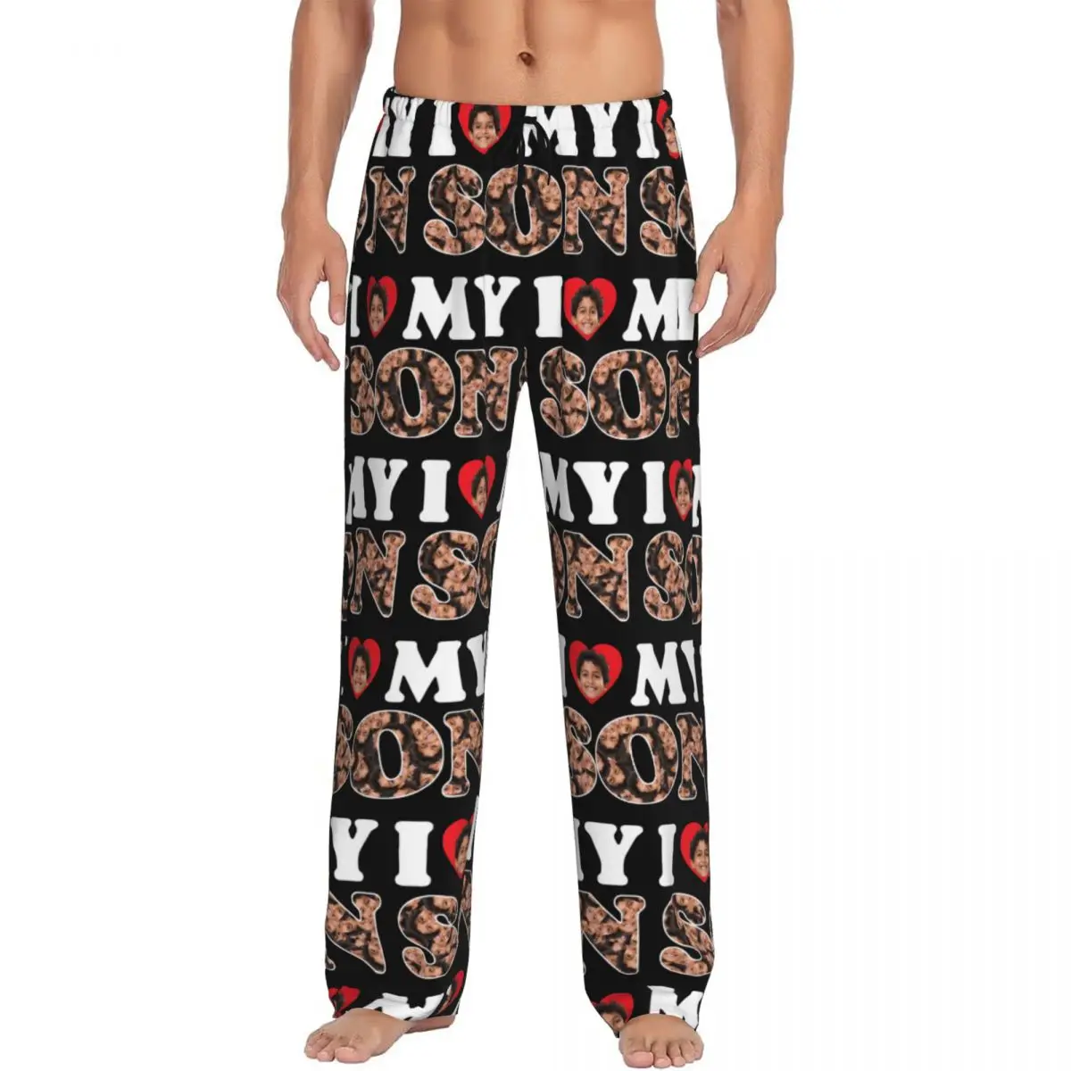 

Custom I Love My Son Face Pajama Pants Men's Children's Day Lounge Sleep Drawstring Sleepwear Bottoms with Pockets