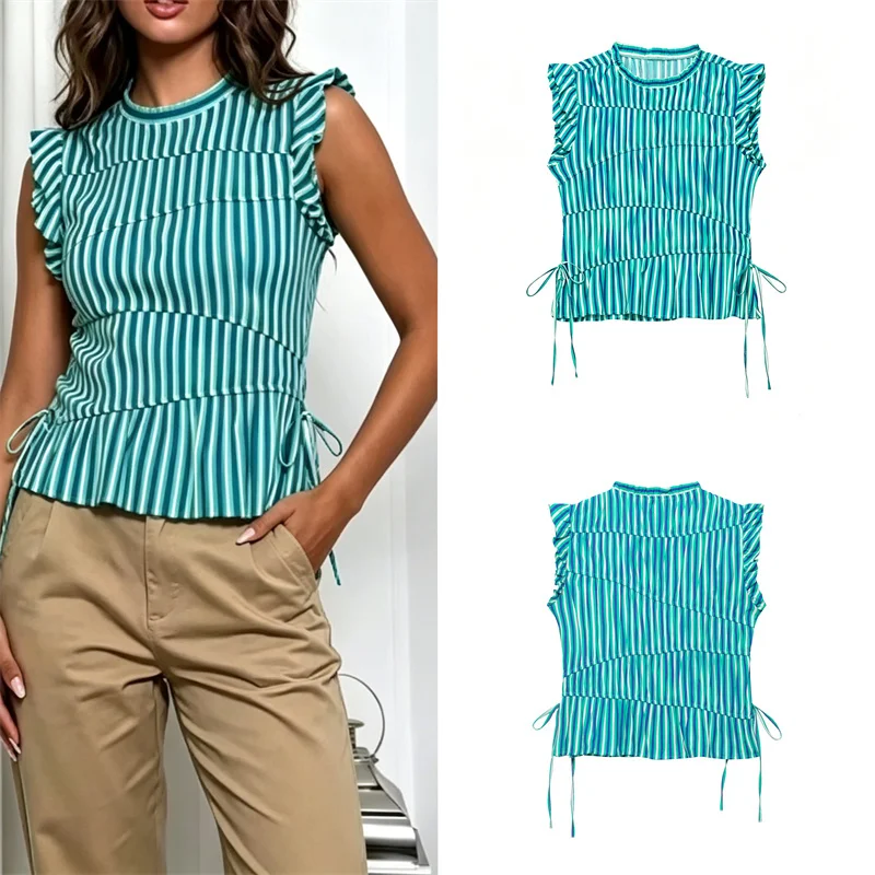 Guobioziy Women's Top 2026 Summer New Blue-Green Striped Ruffle Sleeveless Drawstring Hem Casual Trendy Fashion Top