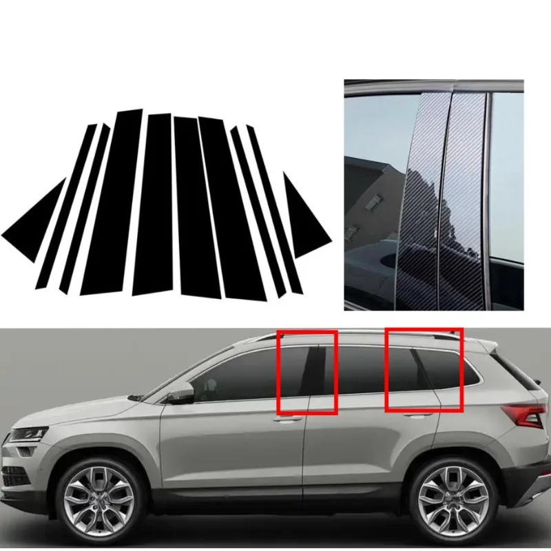 Glossy Black With Silver Carbon B & C Pillar Cover For Skoda Karoq 2017-2022 Exterior Window Trim Sticker Set