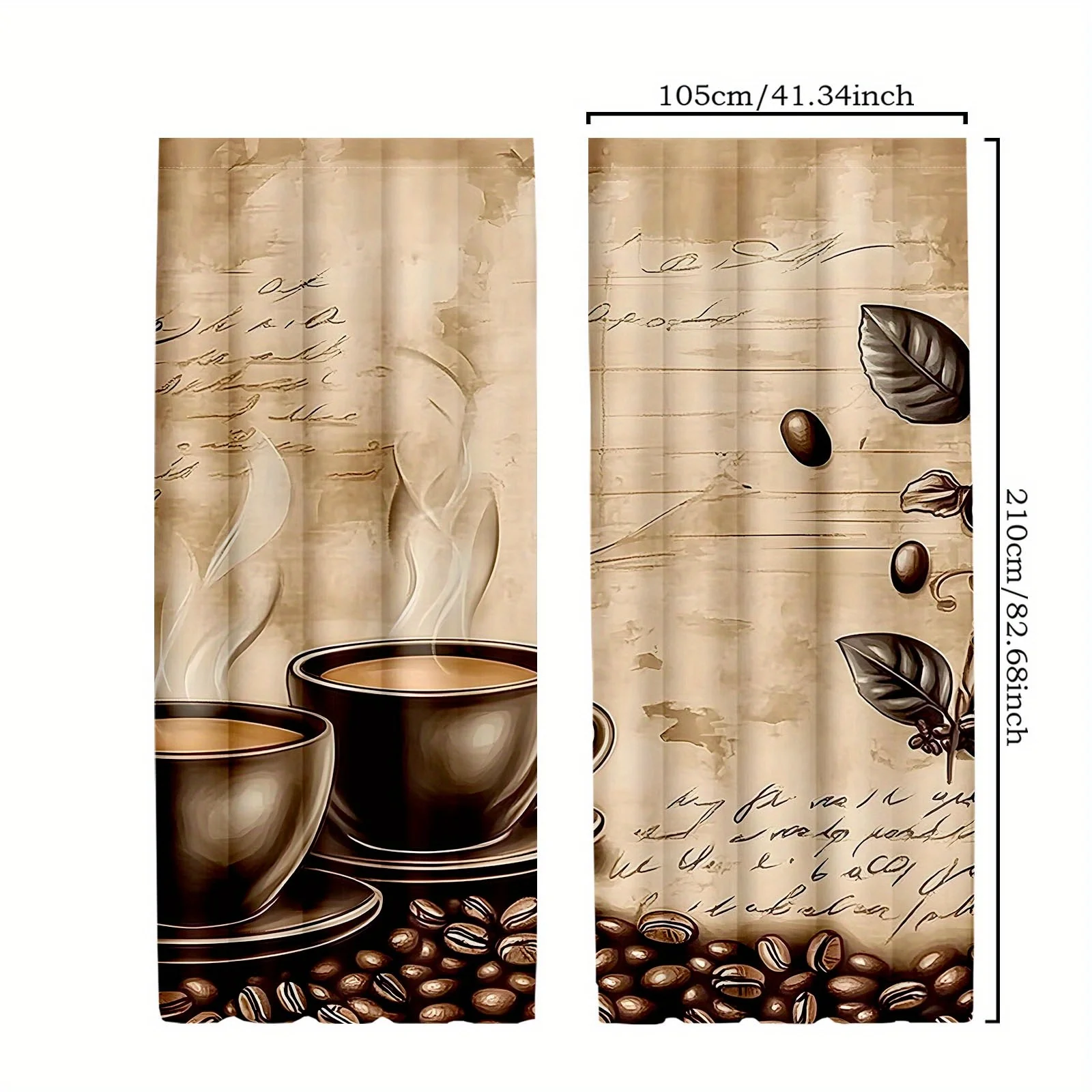 Antique Coffee Curtain Panels, Steaming Coffee Cup Bean Retro Manuscript Aged Paper Food Art Pattern Print Drapes for Living
