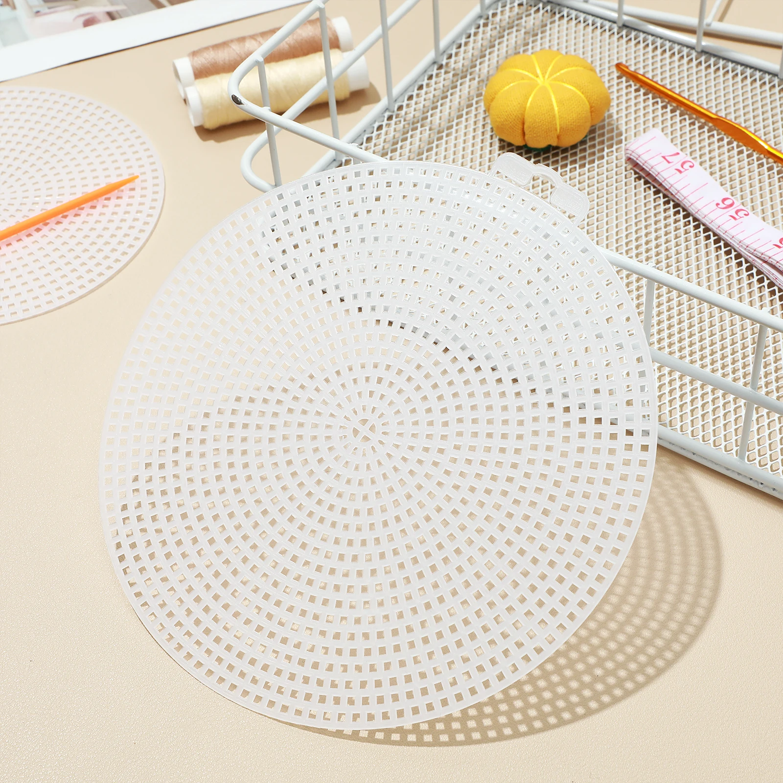 

30pcs Round Cross Stitch Grid Sheets Plastic Mesh Fabric for DIY Embroidery Cup Mats Bookmarks Smooth White Canvas