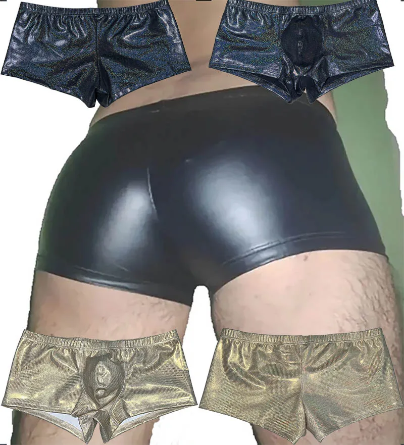 

Мужские трусы-боксеры с анатомическим карманом, блестящие, из металлизированной кожи, дышащие, для спорта и вечеринок