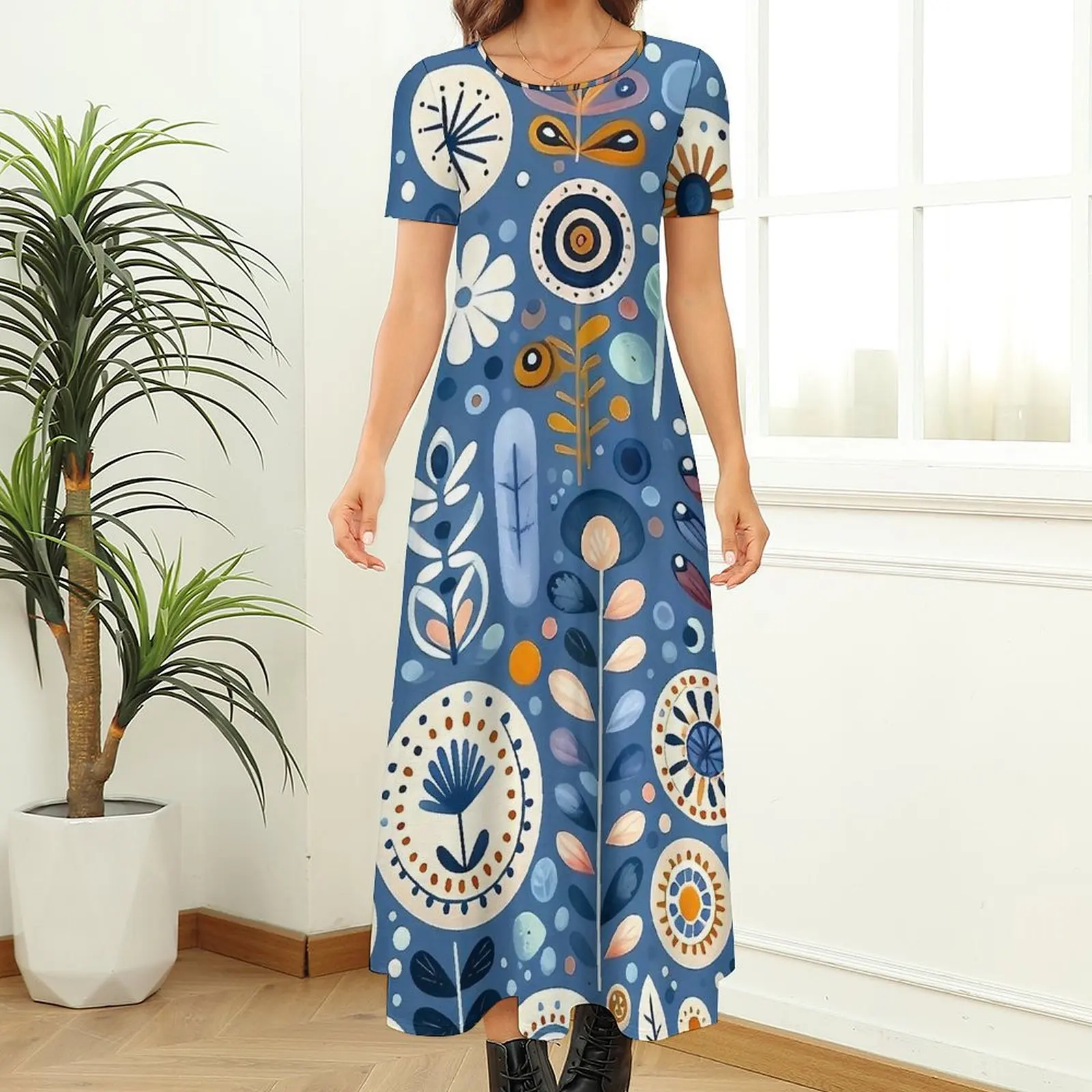 Abito vintage con stampa floreale di arte popolare Abito maxi alla moda Estetico Boho Beach Abiti lunghi Abiti oversize a maniche corte femminili