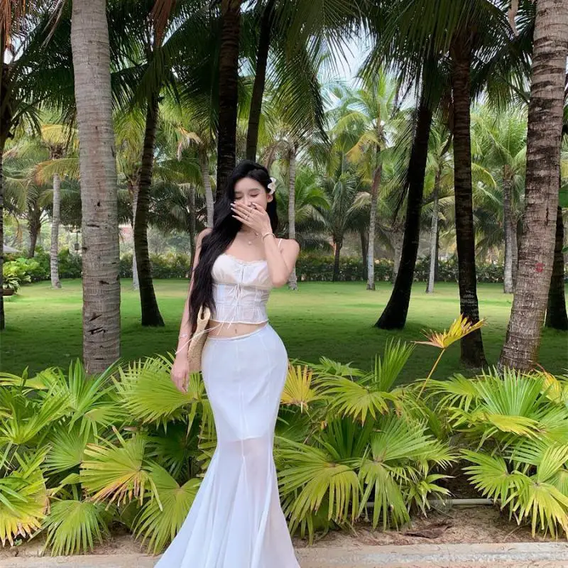 

Fashion Hollow Out Skirt Set For Women 2025 Summer Elegant Female Solid Sleeveless Lace Chiffon Top 2 Pieces Sets Chic Ladies