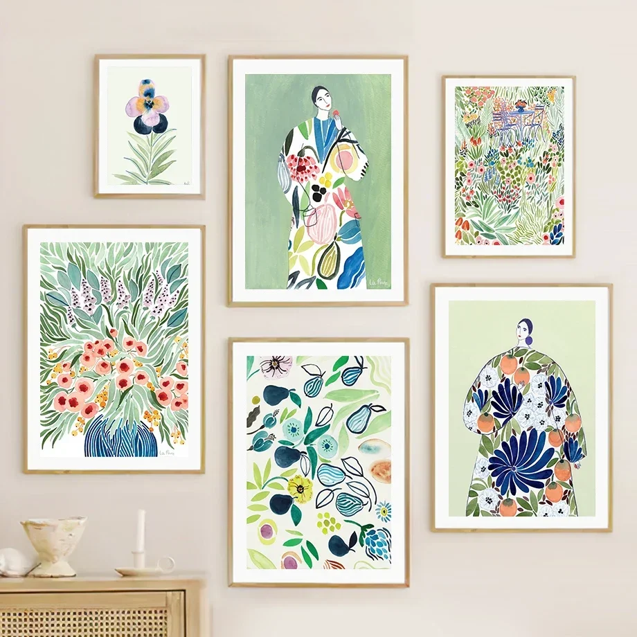 Boho Woman Flower Garden Green Tone Canvas Painting  Nordic Posters  Prints Wall Art for Living Room Home Decor