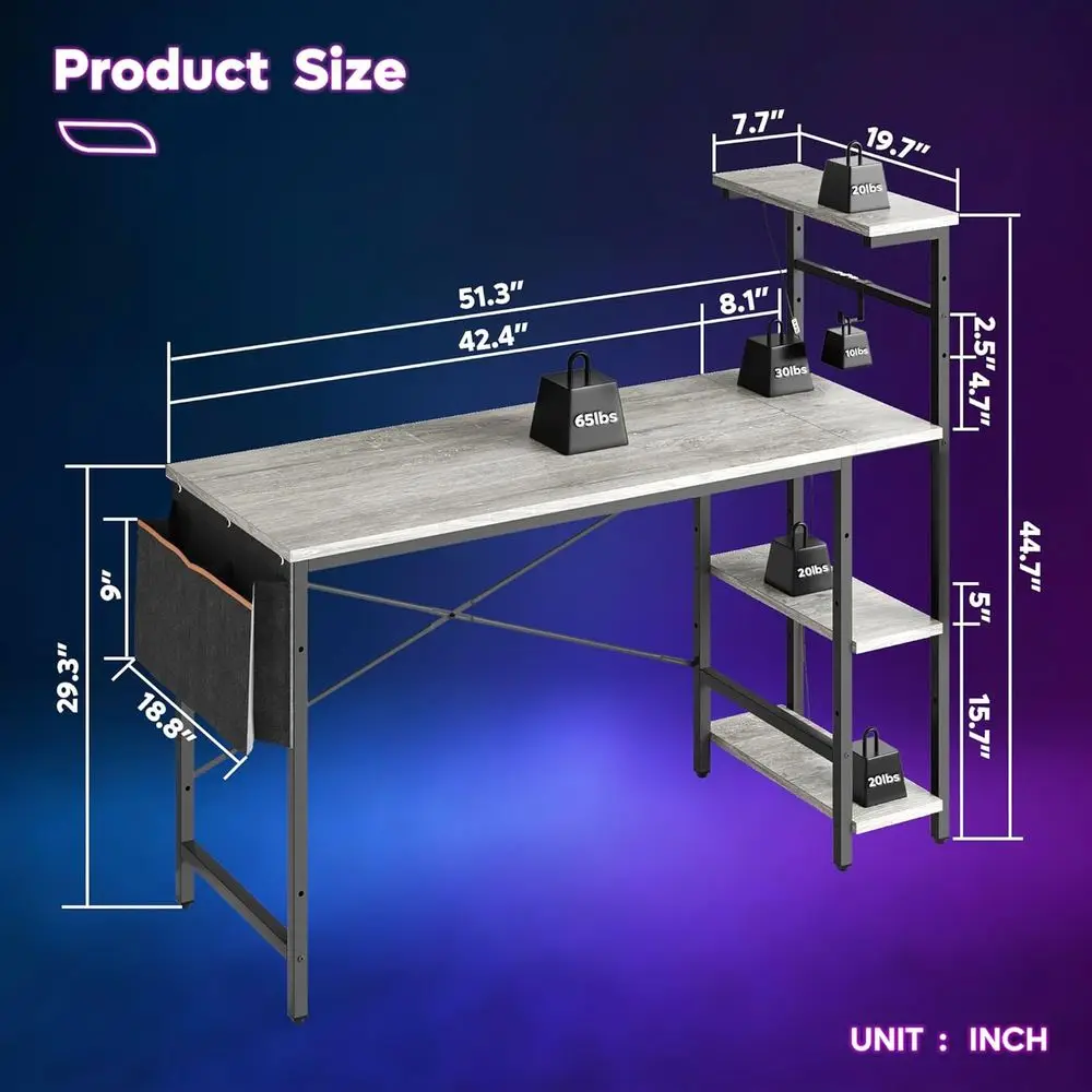 Mesa para jogos com luzes LED, mesa para computador de 51,3 polegadas com prateleiras reversíveis de 4 camadas, escrivaninha para escritório doméstico com armazenamento lateral
