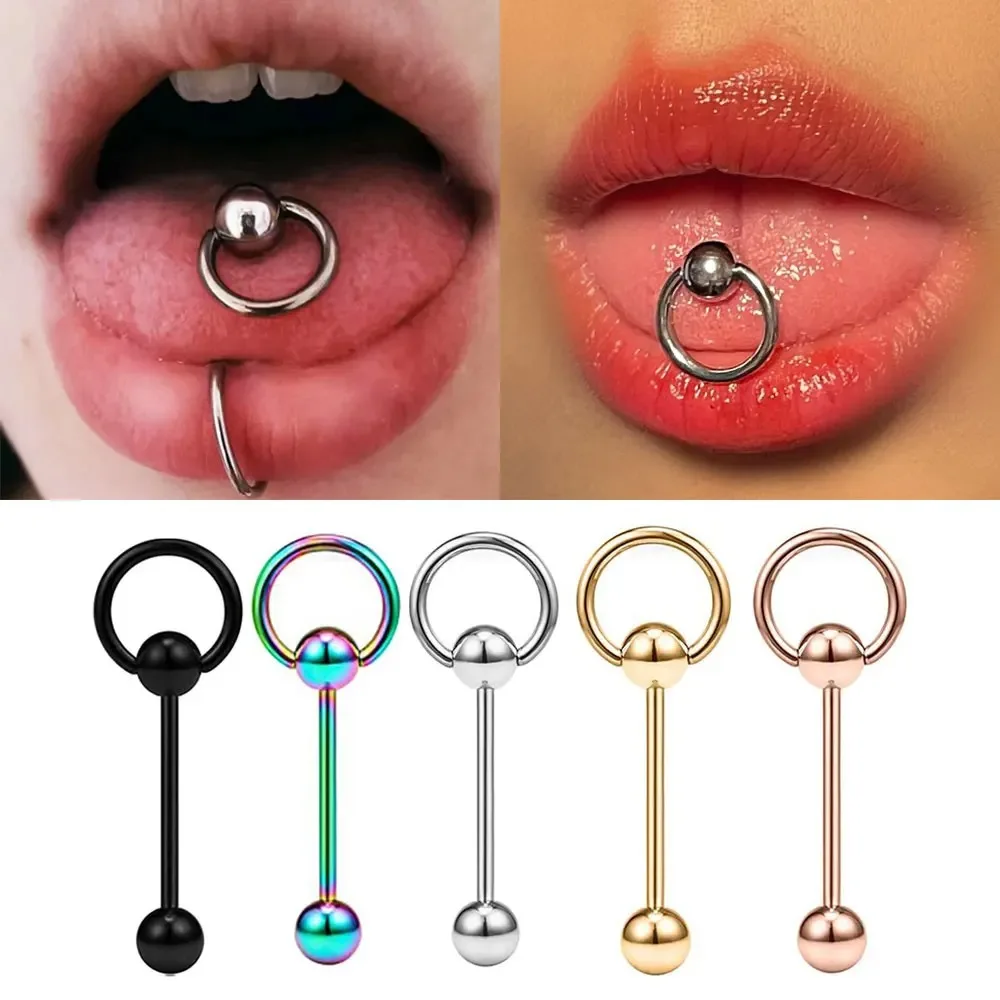 1pc 316L Stainless Steel Tongue Ring for Women Men Simple Round Circle Piercing Tongue Studs White Gold Color Body Jewelry Gift