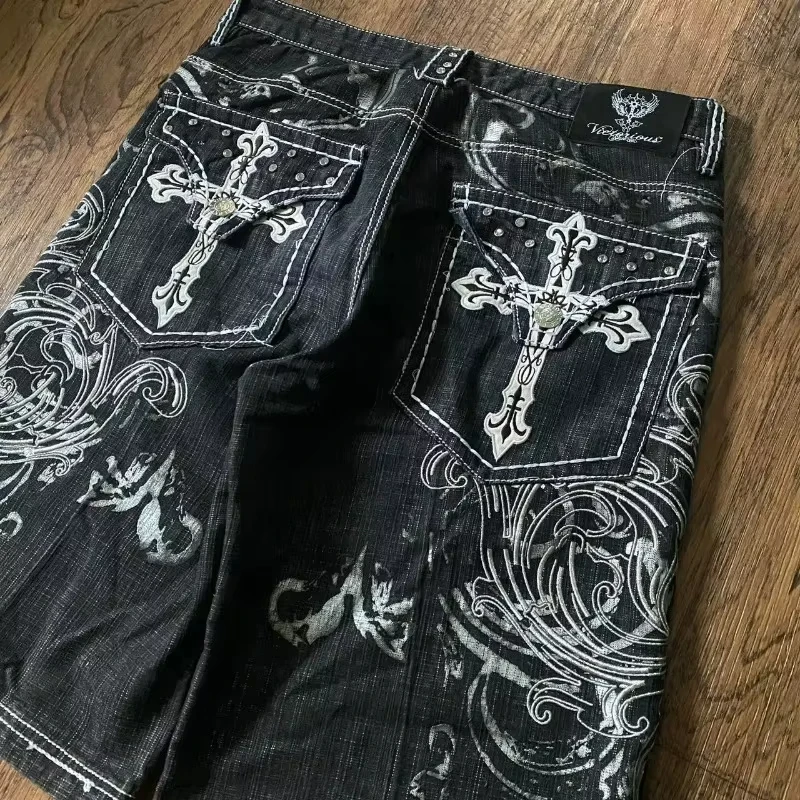 American Vintage Popular New Pattern Embroidery Baggy Denim Shorts Men Street Fashion Gothic Casual Joker Shorts Women Clothing - Image 2