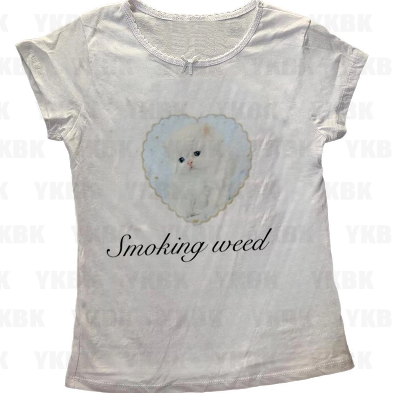 Y2k T-shir Kitty Cat Print Women Clothing Gothic Emo Cropped Harajuku Graphic Long Sleeve Trashy Y2k 2000s Fashion Goth White view 2