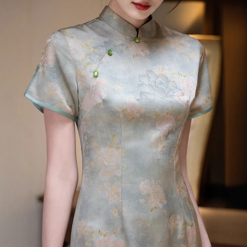 Yourqipao Summer Simple Improvement Cheongsam Simple Elegant Daily Printing Qipao Banquet Chinese Style Evening Dress for Women