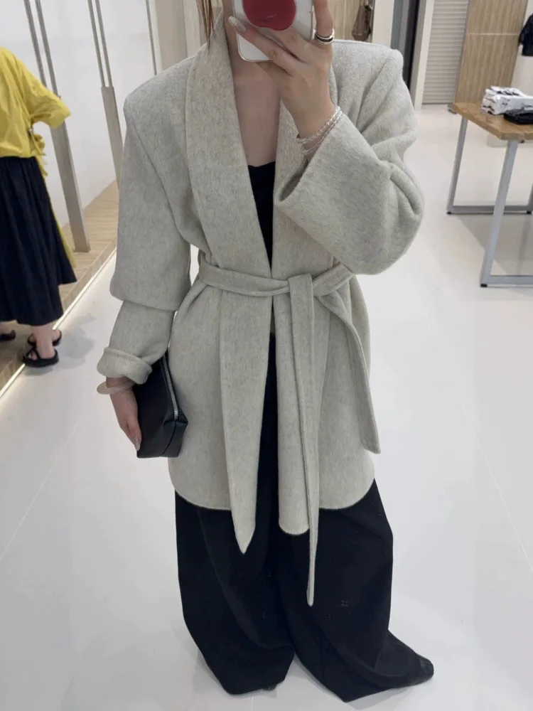 ZMEENNA グリーンショールカラーベルト付きコート女性のためのエレガントな長袖オープンフロントカーディガンジャケット冬に最適 ZM3588