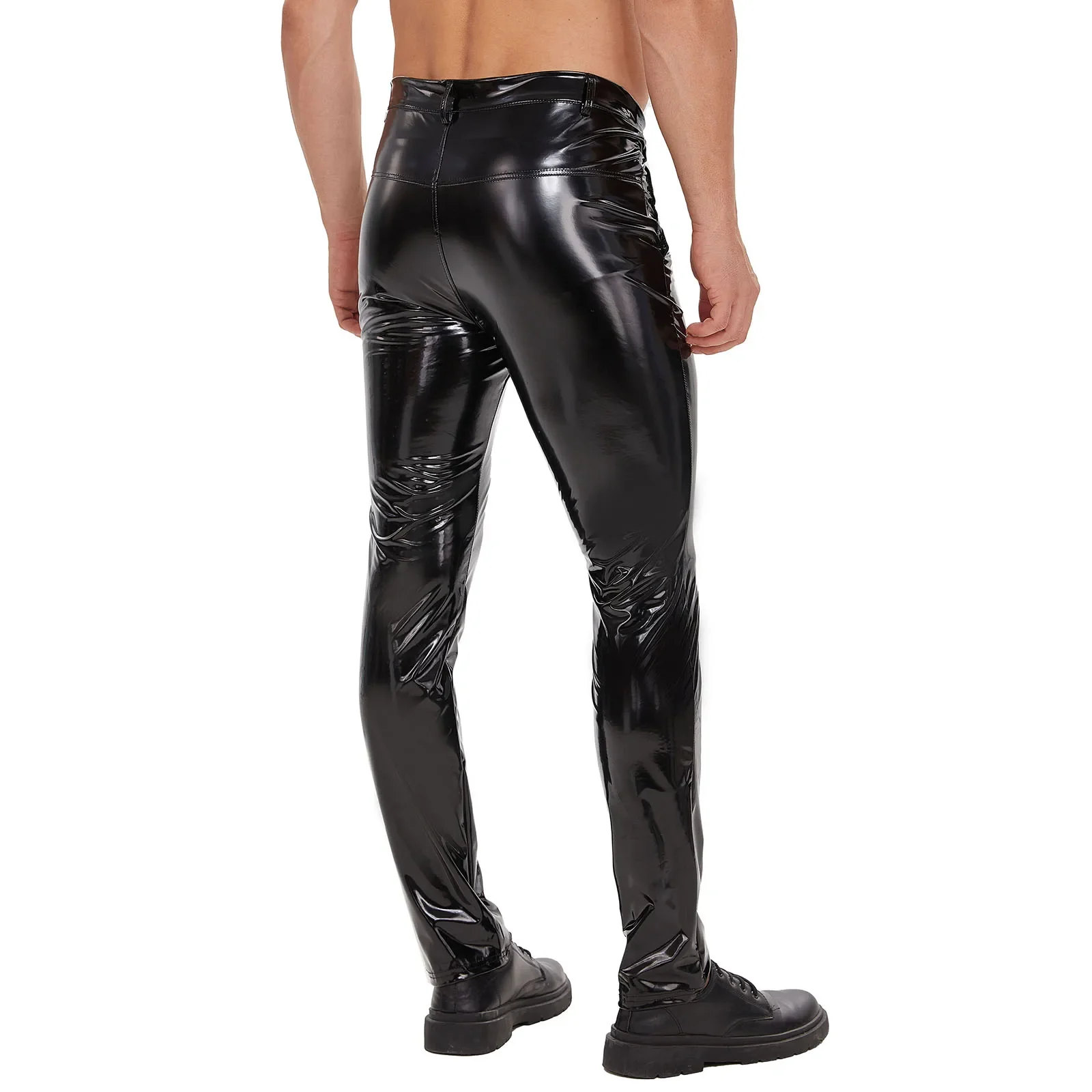 Mens Shiny Leather Straight Pants Casual Trousers Sexy Zipper Open Crotch Glossy PVC Leather Male Shaping Wetlook Latex Leggings