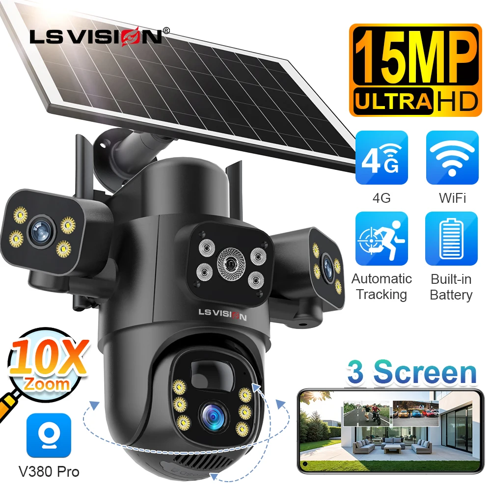 

LS VISION 15MP Three Screen 4G Solar Camera Outdoor WiFi PTZ 10X Digital Zoom PIR Detection Auto Tracking Surveillance Cameras